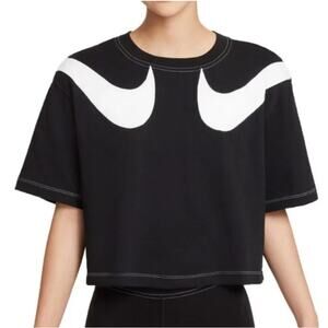 Nike Double Swoosh Logo Short Sleeve Cropped T-Shirt Black White Womens Size 2X